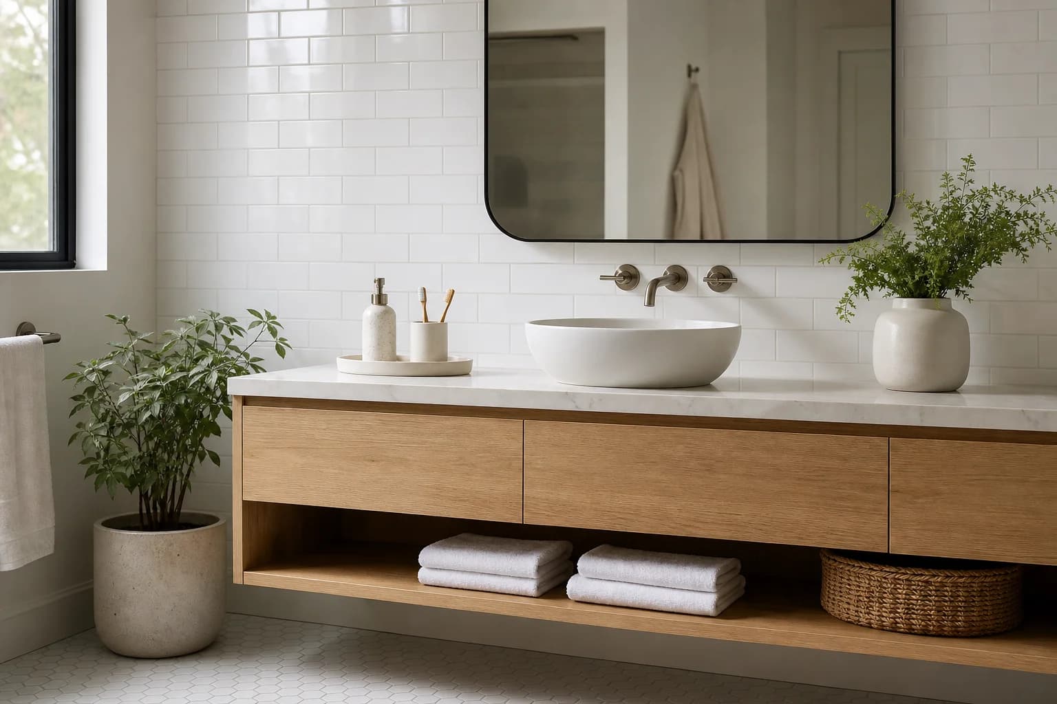 Bright modern bathroom with folded towels and a plant