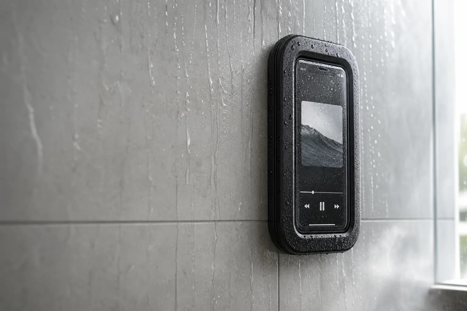 Azora waterproof shower phone holder mounted on a wet tiled wall